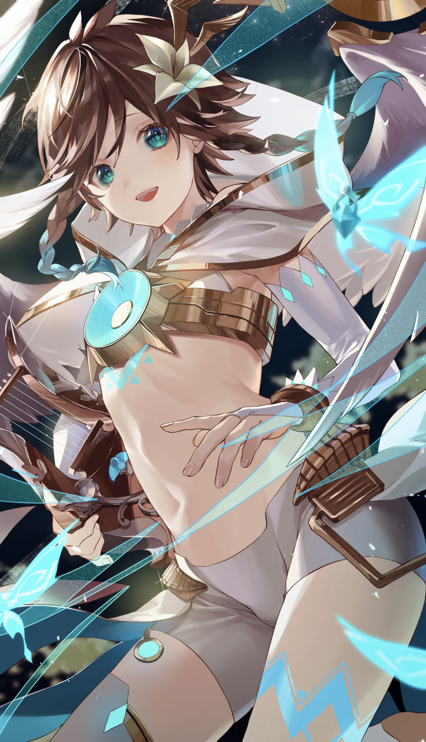 1boy :d absurdres angel_wings aqua_eyes aqua_hair bangs black_hair braid cecilia_flower_(genshin_impact) chest_tattoo commentary_request elbow_gloves feathered_wings flower genshin_impact gloves glowing glowing_hair gold_trim gradient_hair hair_between_eyes hair_flower hair_ornament highres holding holding_instrument hood hood_down instrument karonaru leg_tattoo looking_at_viewer lyre male_focus multicolored_hair navel open_mouth otoko_no_ko outside_border robe shiny short_shorts shorts sidelocks single_thighhigh smile solo tattoo teeth thighhighs thighs twin_braids upper_teeth venti_(genshin_impact) white_flower white_gloves white_shorts white_thighhighs white_wings wings