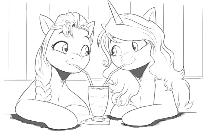 drinking duo earth_pony equid equine eye_contact eyebrows eyelashes female feral greyscale hair hasbro horn horse izzy_moonbow_(mlp) long_hair looking_at_another mammal milkshake mlp_g5 monochrome my_little_pony nauyaco pony smile straw sunny_starscout_(mlp) unicorn