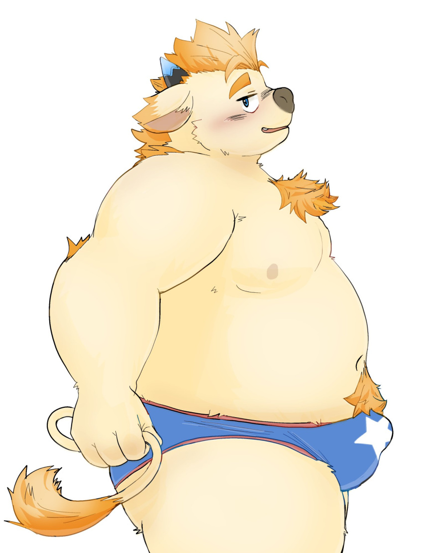 2022 anthro babe_bunyan belly big_belly blush bovid bovine bulge cattle clothing hi_res kemono lifewonders male mammal moobs mootknk navel nipples overweight overweight_male solo tokyo_afterschool_summoners underwear video_games young