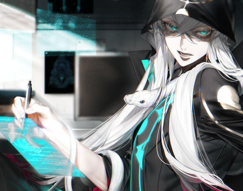 1boy animal_on_arm aqua_eyes asclepius_(fate) au_(d_elite) bangs chromatic_aberration crossed_bangs eyes_visible_through_hair fate/grand_order fate_(series) gradient_hair hair_between_eyes highres holding holding_pen holographic_interface hood hood_up indoors light_particles long_hair looking_at_viewer male_focus monitor multicolored_hair open_mouth pen red_hair sanpaku sidelocks snake solo very_long_hair white_hair white_snake