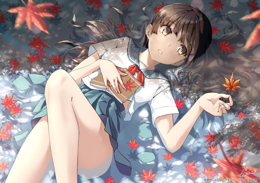 1girl absurdres autumn_leaves bare_arms bare_legs blue_sailor_collar blue_skirt book brown_eyes brown_hair commentary_request feet_out_of_frame hair_spread_out highres holding holding_leaf knee_up leaf long_hair looking_at_viewer lying maple_leaf on_back open_book open_mouth original pleated_skirt raiz_art_works revision sailor_collar school_uniform serafuku shirt short_sleeves skirt solo uniform water white_shirt