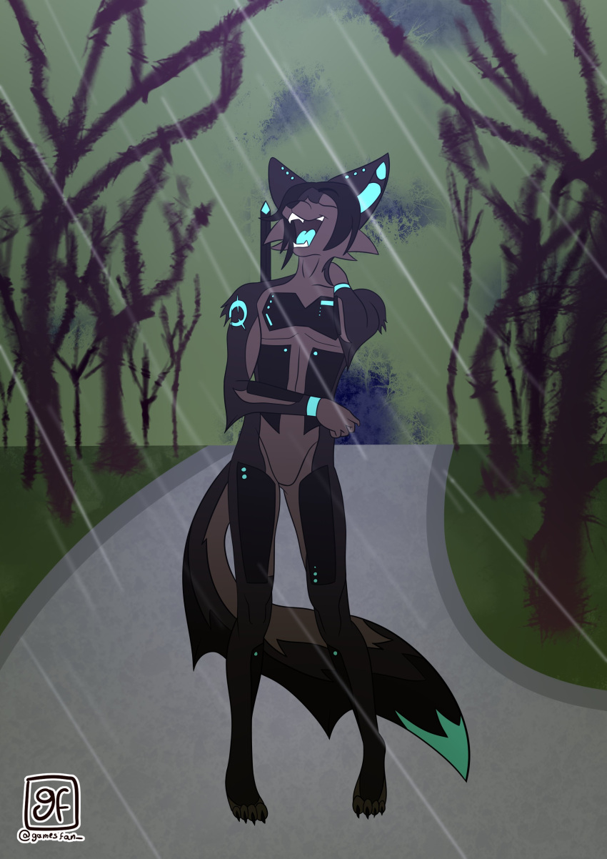 absurd_res anthro blue_body blue_fur blue_markings blue_tongue brown_body brown_fur brown_hair brown_tail canid canine claws cybernetics cyborg detailed_background eyes_closed fangs fox fur gamesfan grass green_body green_fur green_tail grey_body grey_fur grey_tail hair hand_behind_head hi_res machine mammal markings multicolored_body multicolored_fur open_mouth paws plant raining road signature solo standing tail_markings teeth tongue tree