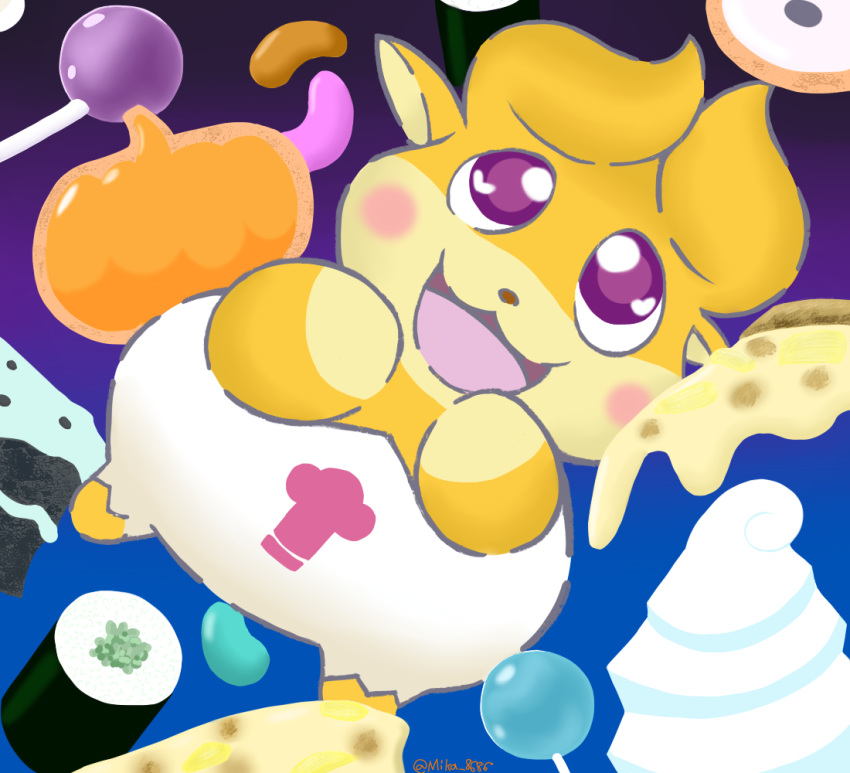 anthro blush cake candy cheese clothed clothing cocotama cookie dairy_products dessert featureless_limbs food fruit fur gingerbread_cookie himitsu_no_cocotama jelly_bean lollipop lunarpanda8686 male mammal mint_chocolate_chip mogutan_(cocotama) multicolored_body multicolored_fur open_mouth panties pineapple pizza plant pumpkin soft_serve_icecream solo sushi underwear yellow_body yellow_fur