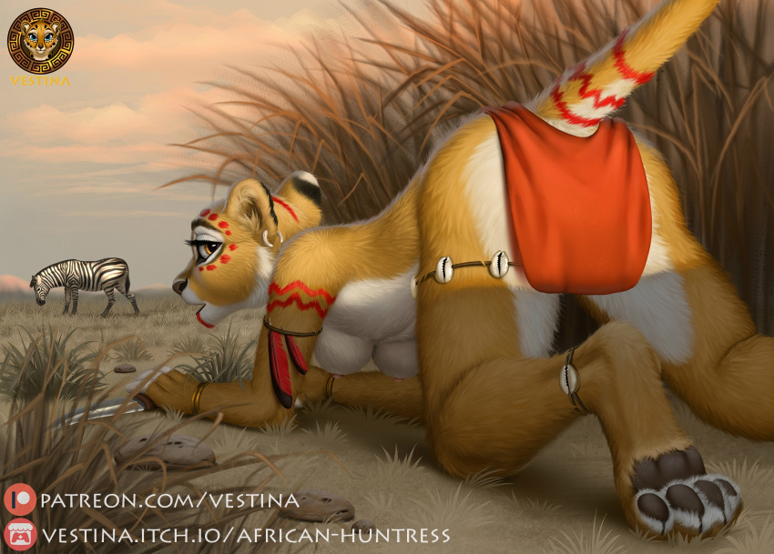 2022 4_fingers 4_toes african all_fours anthro arm_markings black_nose black_pawpads bottomwear breasts clothed clothing digitigrade duo ear_piercing ear_ring equid equine facial_markings feet felid female feral fingers fur head_markings hi_res hindpaw humanoid_hands hunter hunting knife lion loincloth looking_at_viewer looking_back looking_back_at_viewer mammal markings morning nipples pantherine pawpads paws piercing ring_piercing savanna signature tail_markings tan_body tan_fur text toes topless topless_anthro topless_female tribal tribal_markings url vestina zebra