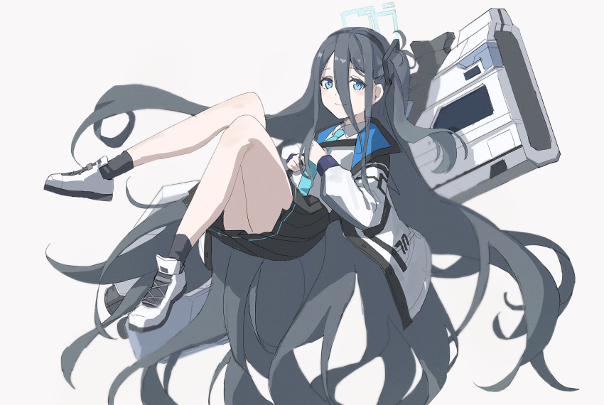 1girl absurdly_long_hair arisu_(blue_archive) black_skirt blue_archive blue_eyes blue_hair blue_necktie clutching_clothes collared_shirt dark_blue_hair floating full_body halo highres im_catfood leg_up long_hair looking_at_viewer necktie railgun shirt shoes side_ponytail skirt smile sneakers socks solo very_long_hair white_shirt