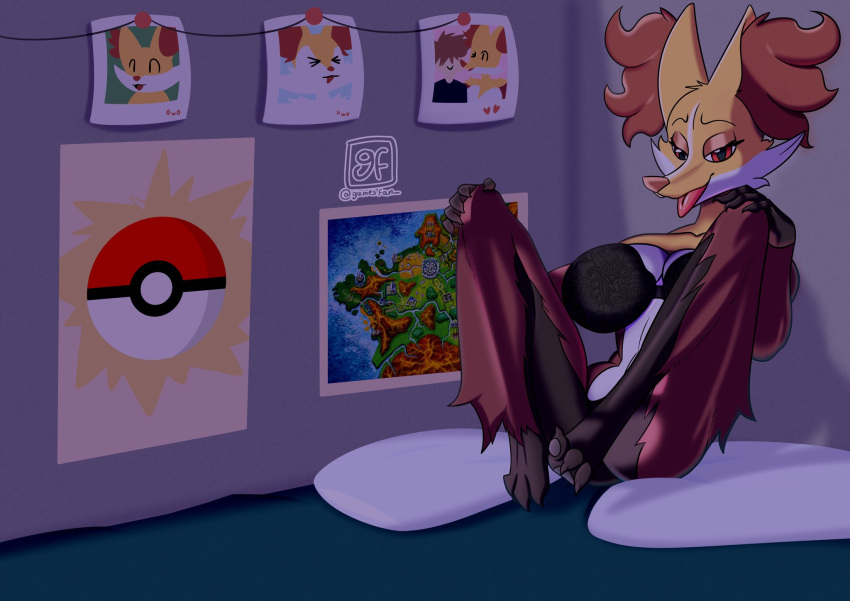 anthro bed bedroom_eyes big_breasts black_body black_clothing black_fur braixen breasts butt canid canine claws clothed clothing delphox digital_media_(artwork) eyelashes eyeshadow female fennekin fur furniture gamesfan generation_6_pokemon hi_res huge_breasts humanoid inner_ear_fluff lying makeup mammal map markings narrowed_eyes navel nintendo on_bed paws photo pokeball pokemon pokemon_(species) red_body red_eyes red_fur seductive signature solo suggestive suggestive_look tongue tongue_out topwear tuft video_games white_body white_fur yellow_body yellow_fur