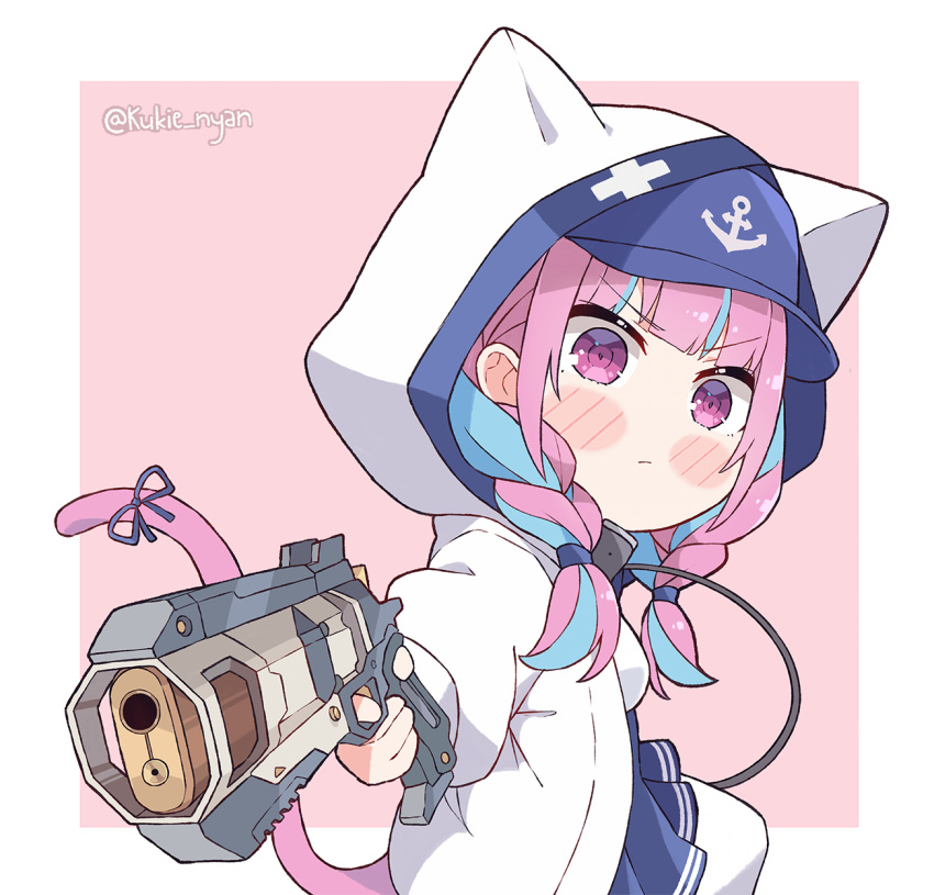 1girl angry animal_ears animal_hood apex_legends b3_wingman bangs blue_hair blue_skirt blunt_bangs blush_stickers braid cat_ears cat_girl cat_hood cat_tail chibi commentary determined english_commentary gun handgun highres holding holding_gun holding_weapon hololive hood hooded_jacket jacket kukie-nyan long_hair looking_at_viewer minato_aqua multicolored_hair open_clothes open_jacket pantyhose purple_eyes purple_hair ribbon skirt solo streaked_hair tail tail_ornament tail_ribbon twin_braids twitter_username two-tone_hair v-shaped_eyebrows virtual_youtuber weapon white_jacket white_pantyhose