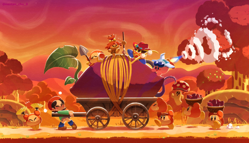 1girl adeleine beret blue_fire brown_hair cappy_(kirby) character_request cowboy_hat evening fire flame food fruit hat highres hill jetpack kirby kirby_(series) kneehighs medium_hair nantan_chu_0 orange_headwear orange_theme outdoors skirt socks tree waddle_dee wagon