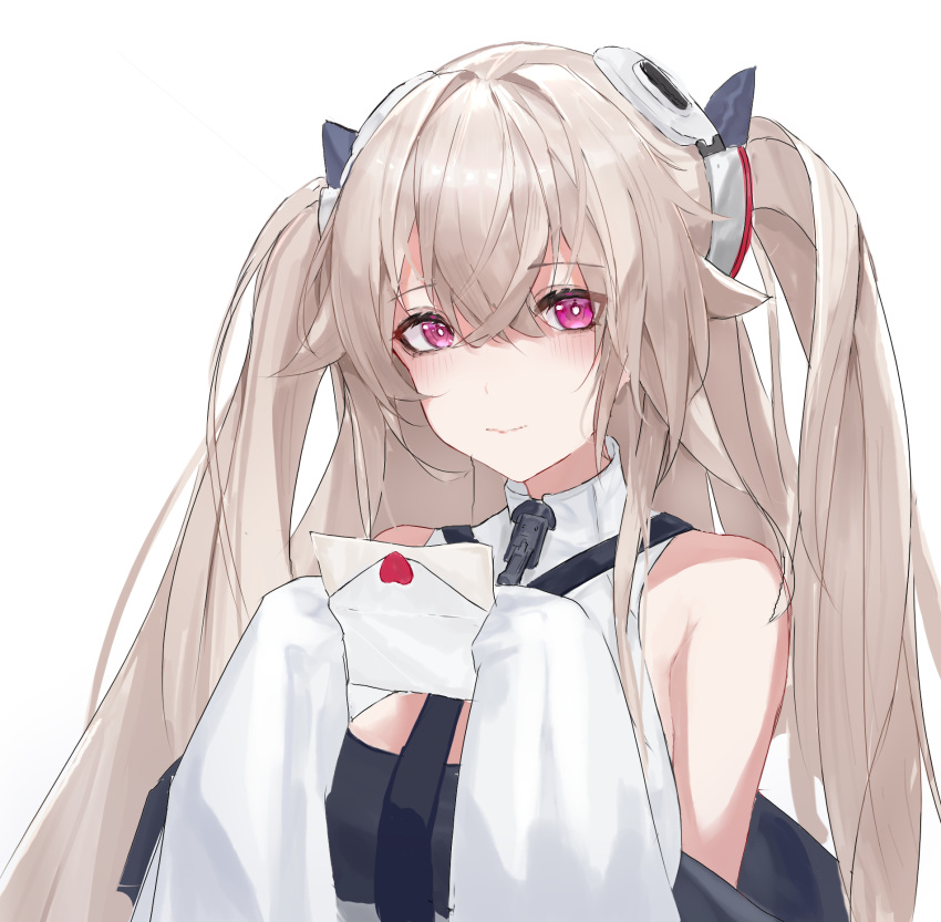 1girl anchorage_(azur_lane) azur_lane bangs blonde_hair blush breasts closed_mouth hair_ornament hairclip highres holding holding_letter letter lips long_hair looking_at_viewer lump_saury purple_eyes solo twintails two-tone_dress upper_body very_long_hair white_background
