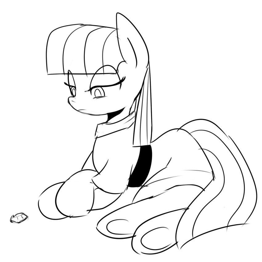 2014 bangs black_and_white boulder_(mlp) clothing earth_pony equid equine eyelashes feral friendship_is_magic half-closed_eyes hasbro hi_res hooves horse looking_down lying mammal marenlicious maud_pie_(mlp) monochrome my_little_pony narrowed_eyes pony rock simple_background solo underhoof white_background