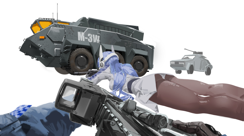 1girl absurdres armored_personnel_carrier asimo_(hakurei10201) ass assault_rifle bullpup call_of_duty call_of_duty_4 commentary_request girls'_frontline gun heads-up_display highres imi_tavor_tar-21 pantyhose pov reflex_sight rifle tar-21_(girls'_frontline) upskirt weapon weapon_request white_background