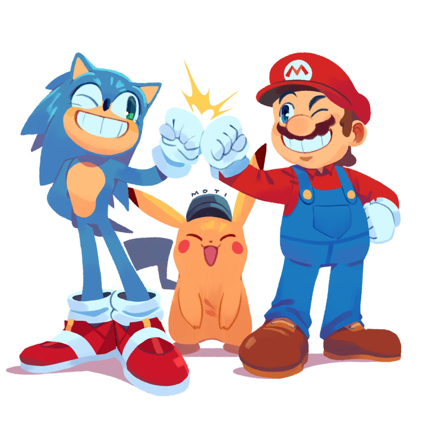 2boys blue_overalls collared_shirt crossover detective_pikachu detective_pikachu_(character) detective_pikachu_(movie) facial_hair furry furry_male gloves hatted_pokemon highres mario mario_(series) multiple_boys multiple_crossover mustache overalls pikachu pokemon pokemon_(creature) red_footwear shirt shoes simple_background smile sneakers sonic_(series) sonic_the_hedgehog sonic_the_hedgehog_(film) super_mario_bros._(2023_film) supsross trait_connection white_gloves