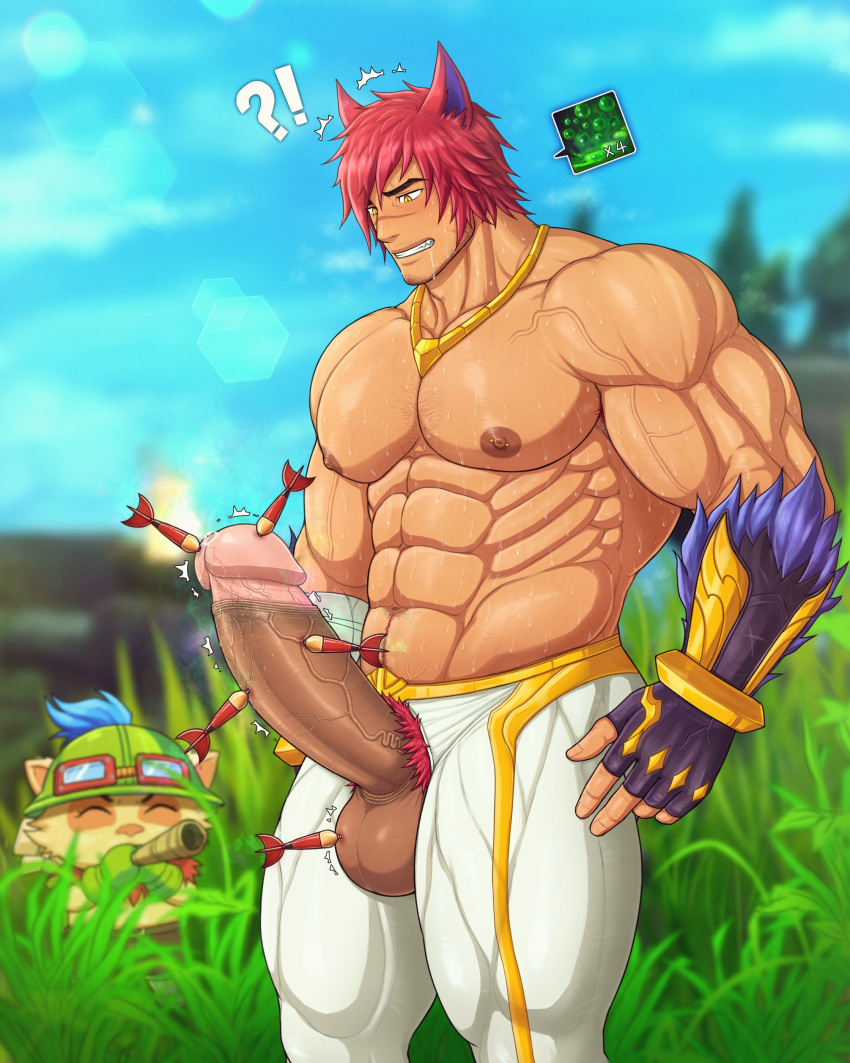 2boys abs absurdres animal_ears armpit_hair armpits bara biceps blood blurry blurry_background bush chest_hair cloud cloudy_sky coco342 dart erection fingerless_gloves gauntlets gloves goggles grass guro hat highres huge_penis jewelry large_pectorals league_of_legends male_focus manly mature_male multiple_boys muscular muscular_male navel navel_hair necklace nipple_piercing nipples outdoors pants pectorals penis piercing precum pubic_hair red_hair scar scar_on_face scar_on_nose sett_(league_of_legends) sky spiked_hair sunlight sweat sweatdrop teemo teeth testicles thick_arms thick_eyebrows thick_thighs thighs tight veins veiny_arms veiny_penis yellow_eyes