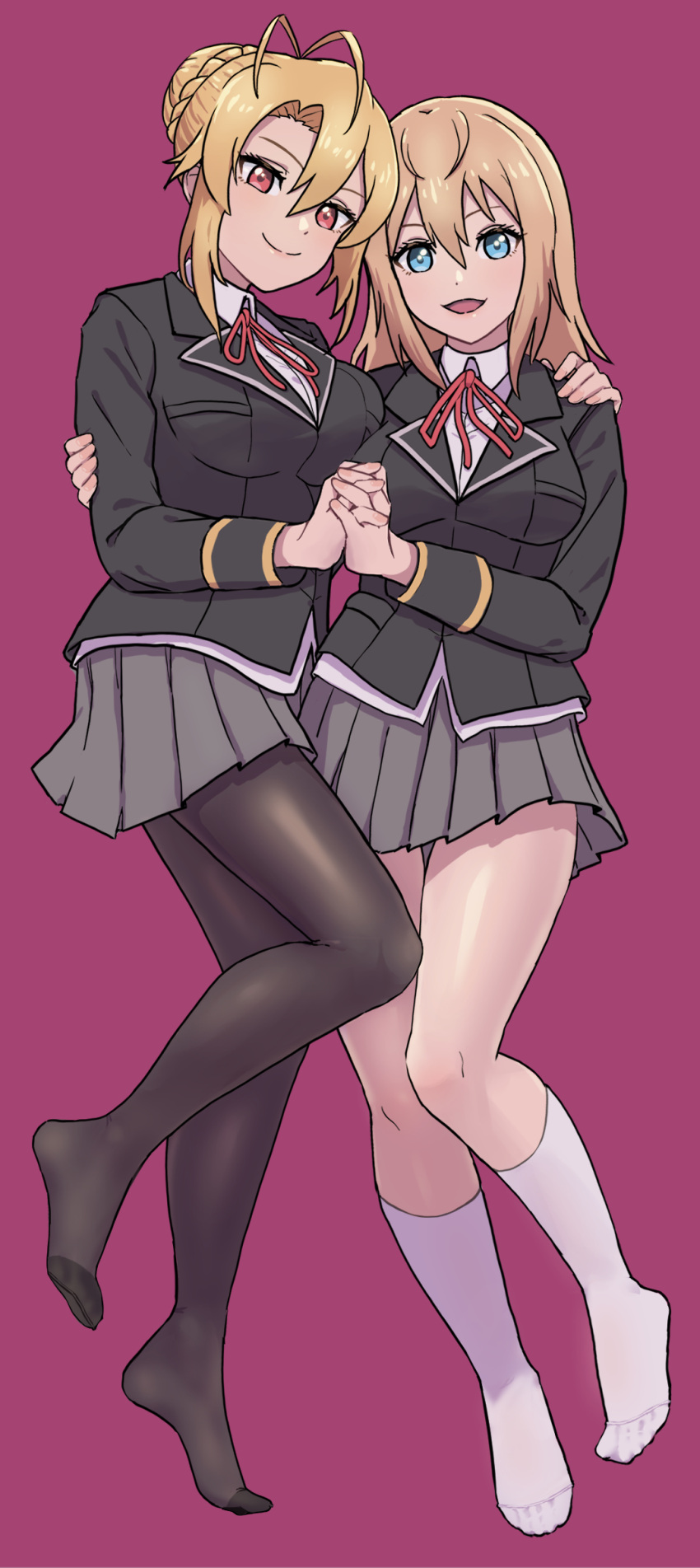 2girls absurdres angelica_rafa_redgrave antenna_hair black_jacket black_pantyhose blonde_hair braid braided_bun breasts full_body hair_bun highres holding_hands jacket large_breasts looking_at_viewer multiple_girls neck_ribbon no_shoes olivia_(mobseka) otome_gee_sekai_wa_mob_ni_kibishii_sekai_desu pantyhose pleated_skirt purple_background ribbon school_uniform skirt smile socks thighs urin_(littleurin) white_socks yuri