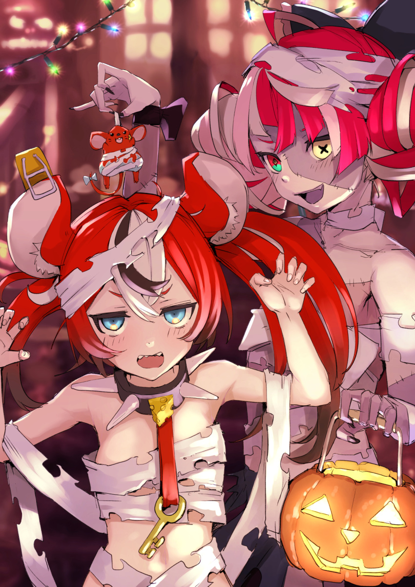 2girls animal animal_ear_fluff animal_ears armor bandages bangs black_hair black_nails blue_eyes blush cheese collar colored_skin dou food grey_skin hakos_baelz heterochromia highres holding holding_animal holding_food holding_pumpkin holding_vegetable hololive hololive_indonesia jack-o'-lantern japanese_armor key kureiji_ollie looking_at_viewer mitsuru_(pixiv_34028718) mouse_ears mousetrap mr._squeaks_(hakos_baelz) multicolored_hair multiple_girls mummy_costume naked_bandage open_mouth patchwork_skin pumpkin red_eyes red_hair spiked_collar spikes streaked_hair twintails vegetable virtual_youtuber white_hair yellow_eyes