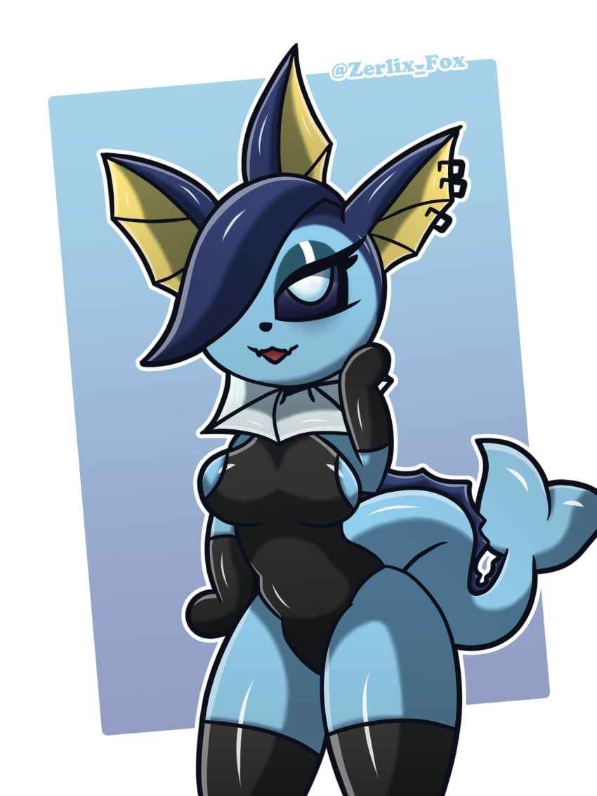 &lt;3 &lt;3_eyes 2022 2d_(artwork) 3:4 anthro anthrofied biped black_clothing blue_body border breasts butt chibi clothed clothing curvy_figure cute_fangs digital_media_(artwork) digitigrade eeveelution english_text eyelashes eyeliner female footwear generation_1_pokemon hi_res latex legwear looking_at_viewer love makeup mammal medium_breasts mostly_nude narrowed_eyes nintendo open_mouth open_smile paws pokemon pokemon_(species) pokemorph seductive shaded signature simple_background small_waist smile socks solo teeth text thigh_highs undercut vaporeon video_games voluptuous white_eyes zerlix_fox