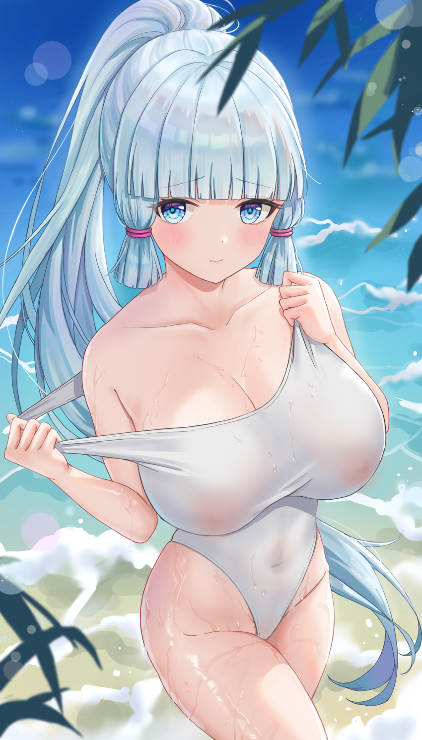 1girl absurdres bangs blue_eyes blunt_bangs blush breasts cleavage closed_mouth clothes_pull collarbone competition_swimsuit covered_navel covered_nipples dot_nose genshin_impact groin highres kamisato_ayaka large_breasts leaf lens_flare one-piece_swimsuit ponytail pulled_by_self raised_eyebrows ronnie_z see-through_swimsuit sidelocks single_bare_shoulder solo strap_pull swimsuit swimsuit_pull thighs water wet white_hair white_one-piece_swimsuit