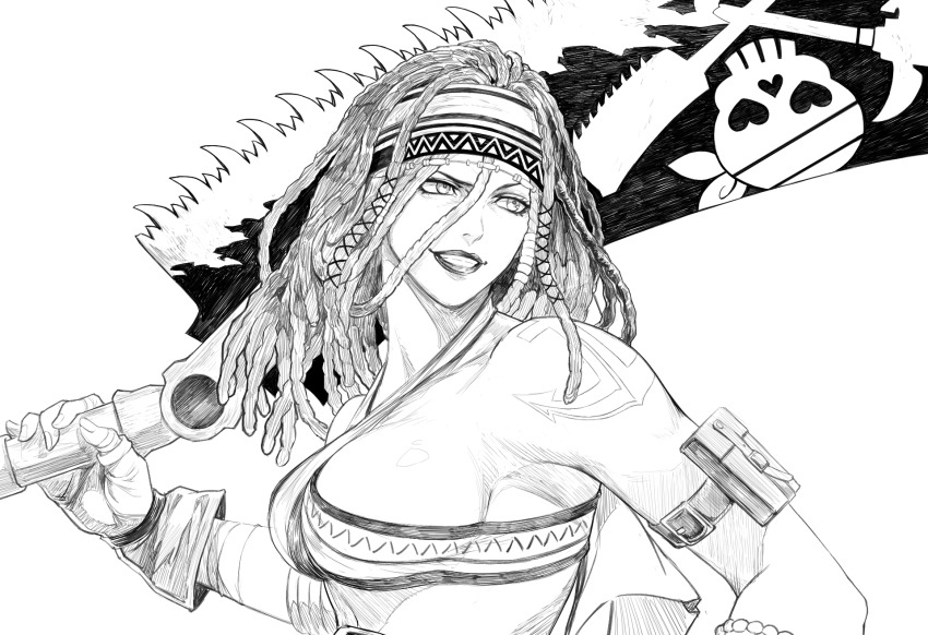 anchor_tattoo arm_pouch bandaged_fingers bandages beads belt dark_skin darli_dagger dreadlocks fingerless_gloves gloves hair_beads hair_ornament highres huge_weapon multiple_belts muscular muscular_female official_art s.n.x samurai_spirits saw saw_cleaver shoulder_tattoo sketch smirk snk tattoo teeth the_king_of_fighters the_king_of_fighters_xv tools very_dark_skin weapon