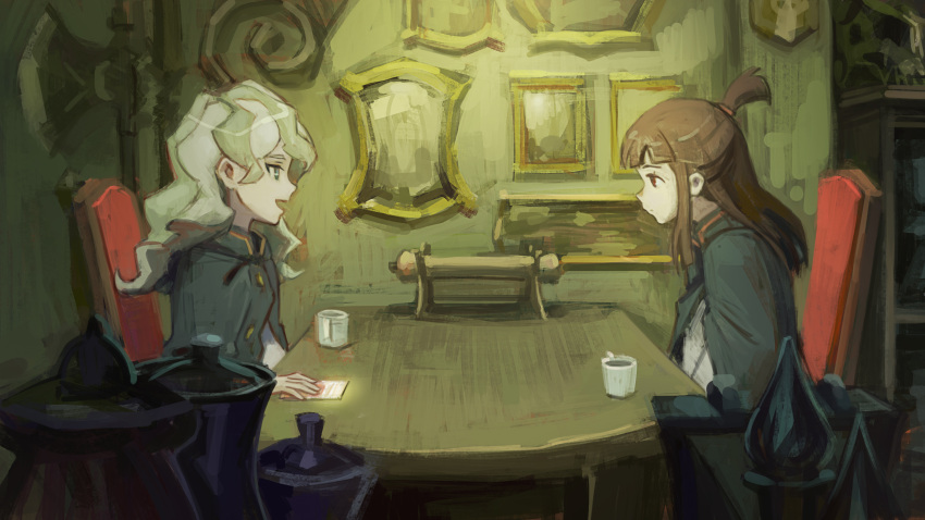 2girls axe brown_hair card chair commentary cup diana_cavendish elvafirst english_commentary high_ponytail highres kagari_atsuko light_green_hair little_witch_academia mug multicolored_hair multiple_girls open_mouth robe short_ponytail sitting table two-tone_hair