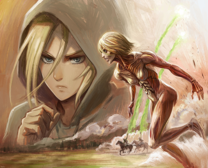 2girls 2others absurdres annie_leonhardt blonde_hair blue_eyes breasts elvafirst female_titan frown hair_between_eyes highres hood horse multiple_girls multiple_others serious shingeki_no_kyojin small_breasts titan_(shingeki_no_kyojin)