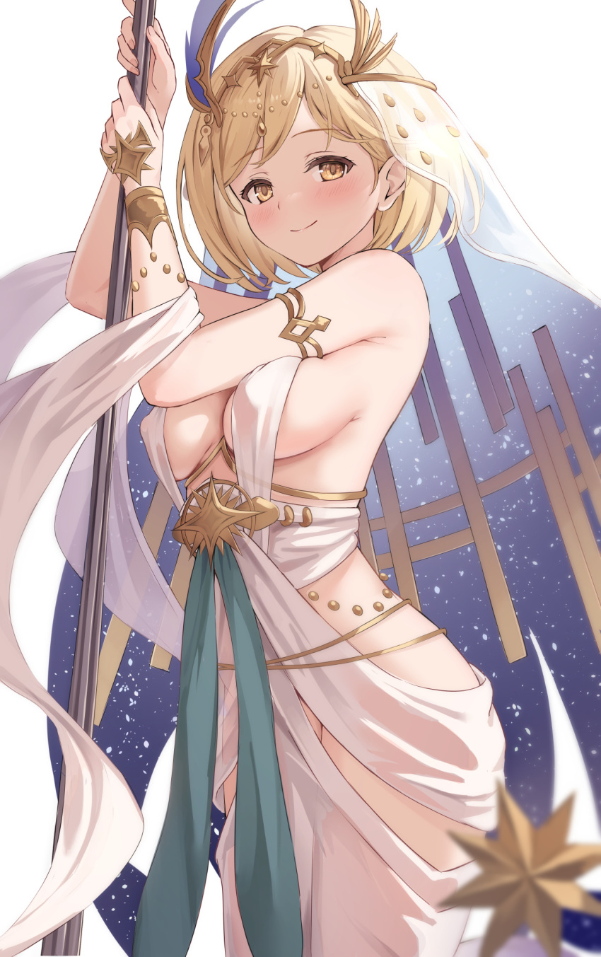 1girl blonde_hair blush breasts djeeta_(granblue_fantasy) dress granblue_fantasy highres holding holding_polearm holding_weapon kimblee looking_at_viewer medium_breasts panacea_(granblue_fantasy) polearm short_hair simple_background smile solo veil weapon white_background white_dress yellow_eyes