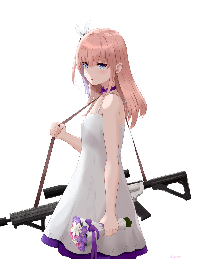 1girl ar-15 bangs blue_eyes bouquet breasts choker commentary dress english_commentary flower girls'_frontline gun hair_between_eyes hand_up highres holding holding_bouquet holding_gun holding_strap holding_weapon long_hair looking_at_viewer looking_to_the_side name_connection object_namesake official_alternate_costume parted_lips pink_flower pink_hair purple_choker purple_flower rifle simple_background sleeveless sleeveless_dress small_breasts solo st_ar-15_(girls'_frontline) st_ar-15_(top_hat_drifting_to_the_flowers)_(girls'_frontline) syaris twitter_username weapon white_background white_dress white_flower