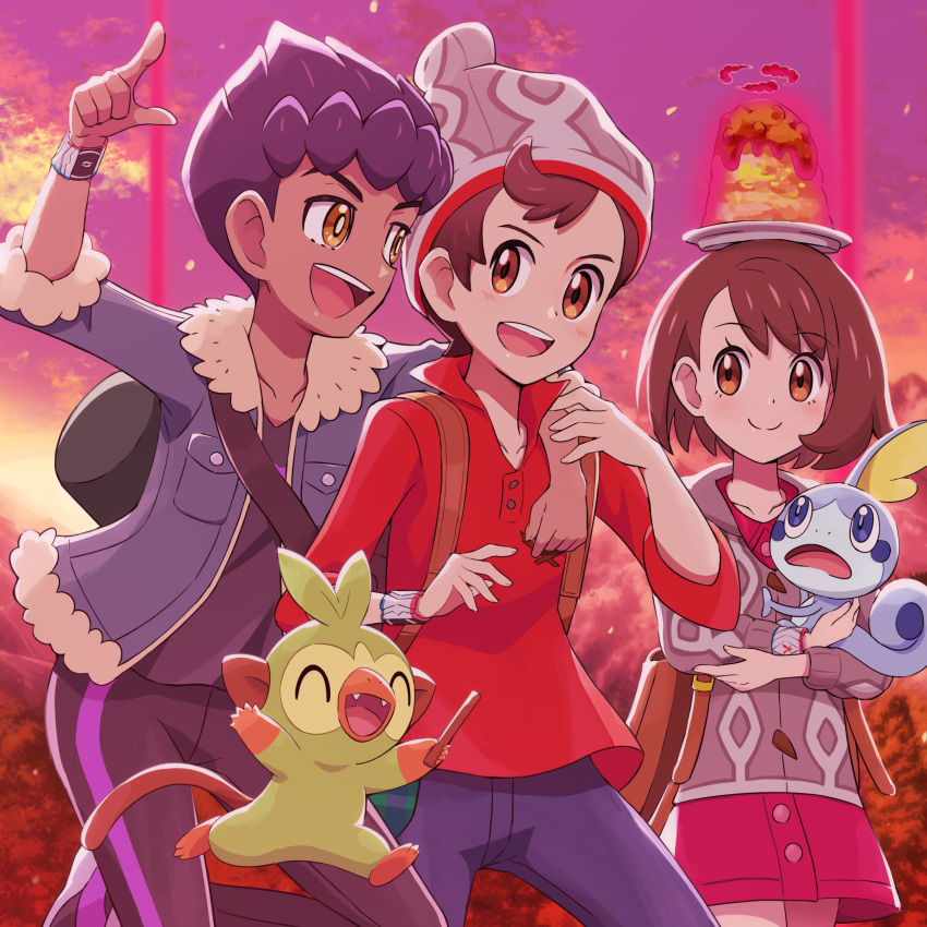 1girl 2boys :d absurdres arm_around_shoulder backpack bag bangs beanie blue_jacket blush bob_cut bright_pupils brown_bag brown_eyes brown_hair cable_knit cardigan cloud collared_dress commentary_request curry dark-skinned_male dark_skin dress food fur-trimmed_jacket fur_trim gloria_(pokemon) grey_cardigan grey_headwear grookey happy hat highres hop_(pokemon) jacket multiple_boys open_clothes open_jacket open_mouth outdoors pants plaid plate pokemoa pokemon pokemon_(creature) pokemon_(game) pokemon_swsh purple_hair red_shirt shirt short_hair sky sleeves_past_elbows sleeves_rolled_up smile sobble swept_bangs teeth tongue upper_teeth victor_(pokemon) white_pupils