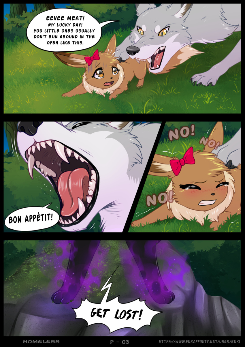 bodily_fluids canid canine canis comic eevee eeveelution english_text feral generation_1_pokemon generation_2_pokemon grass hi_res hunting kiwi_(rukifox) mammal nintendo open_mouth outside paws plant pokemon pokemon_(species) pushing_down ribbons rukifox tears text umbreon video_games wolf