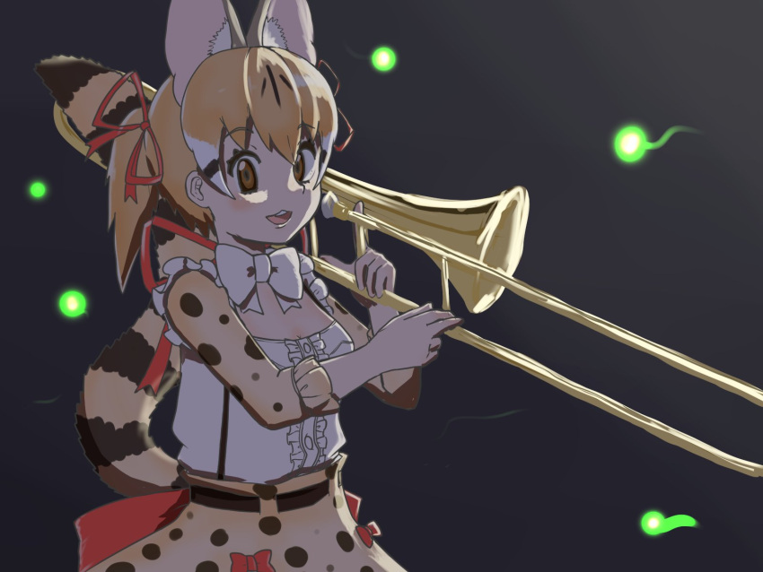 1girl animal_costume animal_ear_fluff animal_ears belt bow bowtie brown_eyes brown_hair bug cat_ears cat_girl cat_tail extra_ears firefly highres instrument kemono_friends kemono_friends_v_project large-spotted_genet_(kemono_friends) long_hair multicolored_hair night open_mouth ribbon shirt simple_background skirt solo tail trombone twintails virtual_youtuber y0whqzz8bkslezl