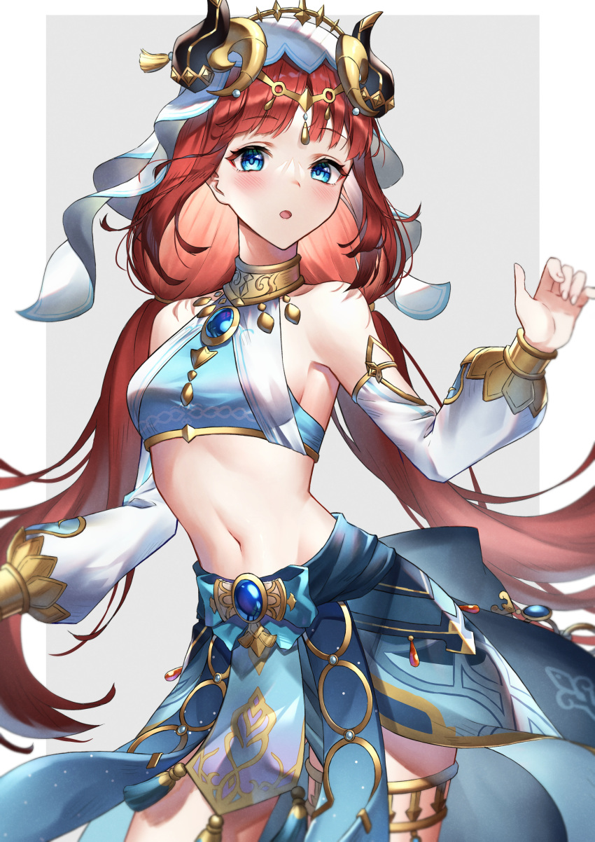 1girl absurdres bangs bare_shoulders blue_eyes blush breasts brooch circlet crop_top dancer detached_sleeves genshin_impact hands_up harem_outfit highres horns jewelry long_hair long_sleeves looking_at_viewer low_twintails myske_(myst34415756) navel neck_ring nilou_(genshin_impact) parted_bangs parted_lips puffy_long_sleeves puffy_sleeves red_hair sideboob sidelocks skirt small_breasts solo stomach thighlet twintails two-tone_background vambraces veil vision_(genshin_impact)