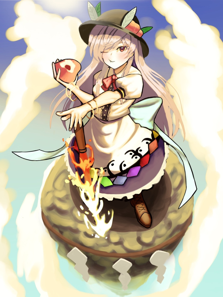 1girl black_headwear blue_hair blue_sky bow bowtie brown_footwear closed_mouth cloud eating food fruit full_body highres hinanawi_tenshi holding holding_food holding_fruit keystone long_hair looking_at_viewer one_eye_closed outdoors peach puffy_short_sleeves puffy_sleeves rainbow_order red_bow red_bowtie red_eyes short_sleeves sky solo standing sword_of_hisou touhou turtle-kun