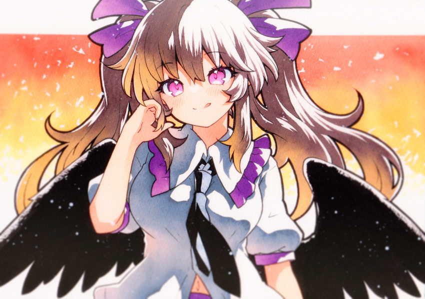 1girl bangs black_wings breasts brown_hair collared_shirt feathered_wings frilled_shirt_collar frills highres himekaidou_hatate long_hair medium_breasts puffy_short_sleeves puffy_sleeves qqqrinkappp scallop shirt short_sleeves sidelocks solo touhou traditional_media twintails white_shirt wings