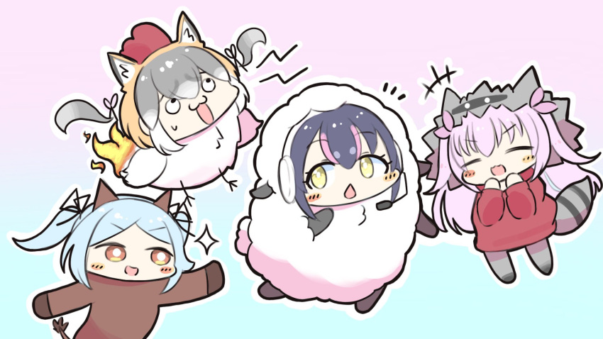 .live 4girls animal_costume animal_ear_fluff animal_ears black_hair blue_hair cosplay empty17033658 extra_ears grey_hair highres himekuma_ribon hood hoodie humboldt_penguin_(kemono_friends) island_fox_(kemono_friends) kemono_friends kemono_friends_v_project kigurumi long_hair microphone multicolored_hair multiple_girls orange_eyes orange_hair parody pink_hair re:act short_hair simple_background tail ultimate_chicken_horse virtual_youtuber yamato_iori yellow_eyes