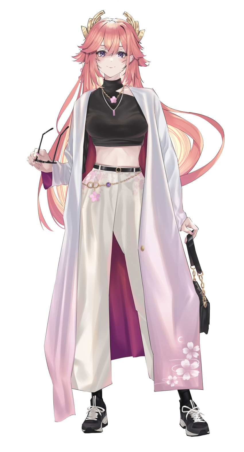 1girl absurdres belt black_shirt ear_piercing eyewear_removed genshin_impact highres holding jacket jewelry long_jacket long_sleeves looking_at_viewer necklace open_clothes open_jacket pants piercing pink_hair purple_eyes shirt shoes smile solo sunglasses suzu_(user_kdex8732) white_jacket yae_miko
