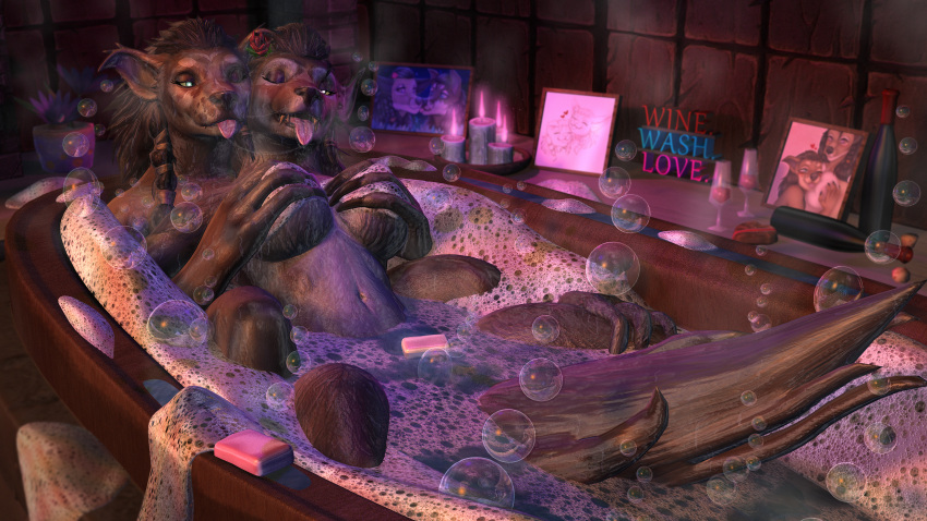 16:9 3d_(artwork) 4k absurd_res accessory after_kiss anthro bangs bathing bathtub big_breasts blizzard_entertainment blush bodily_fluids breast_grab breast_squeeze breasts brown_hair bubble candlelight canid claws digital_media_(artwork) dripping drooling drooling_on_partner duo ears_back ears_down ears_up english_text eye_glint eye_roll eyelashes eyes_closed female female/female flower fluffy fluffy_ears fluffy_tail gesture green_eyes hair hand_on_breast hi_res inside intimate intraspecies light long_claws long_hair looking_at_another looking_pleasured love mammal massage navel nude partially_submerged picture_frame pink_eyes pivoted_ears plant reflection rose_(flower) saliva saliva_drip saliva_on_tongue saliva_string shy_worgen_lady soap squeezing steam steinito suds tail_boner tail_gesture text thick_thighs tongue tongue_out valuthar video_games warcraft warm_colors water were werecanid wet wet_body white_eyes widescreen wine_bottle worgen