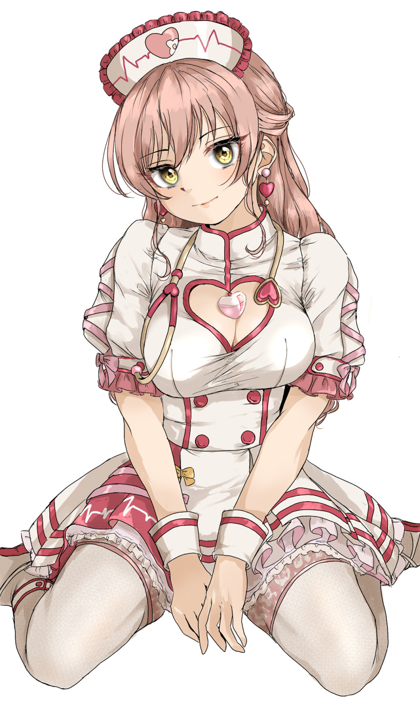 1girl breasts cleavage cleavage_cutout clothing_cutout earrings gatsby_ssl half_updo hat heart heart_cutout heart_earrings highres idolmaster idolmaster_cinderella_girls jewelry jougasaki_mika looking_at_viewer nurse nurse_cap own_hands_together pink_hair simple_background sitting smile solo stethoscope thighhighs two-tone_dress wariza white_background white_thighhighs