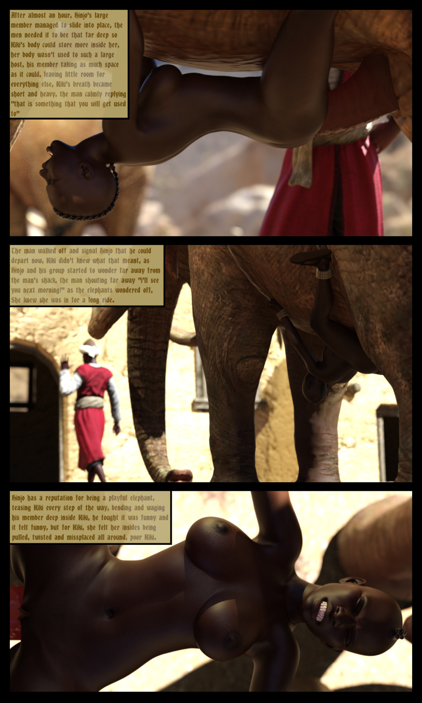 3d_(artwork) anal belly_riding black_body black_skin bound comic dark_body dark_skin dialogue digital_media_(artwork) elephant elephantid female hi_res human kiki_and_the_elephant_farm large_penetration male male/female mammal penetration pickle_juice proboscidean size_difference tagme