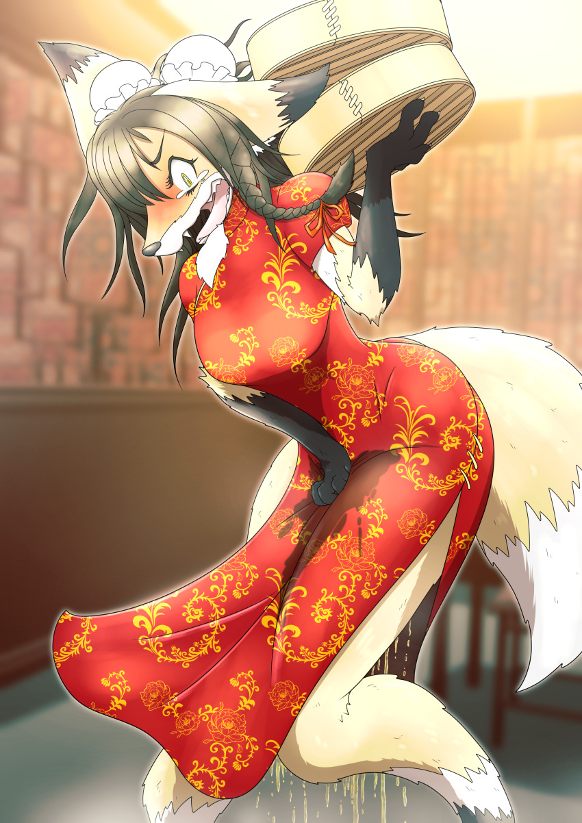 absurd_res anthro asian_clothing black_hair blush bodily_fluids braided_hair canid canine chinese_clothing chinese_dress clothed clothing desperation digital_media_(artwork) dress east_asian_clothing embarrassed female fox fox_tail genital_fluids hair hi_res inside looking_at_viewer mammal mttbsmn omorashi open_mouth peeing solo tears urine wetting yellow_eyes