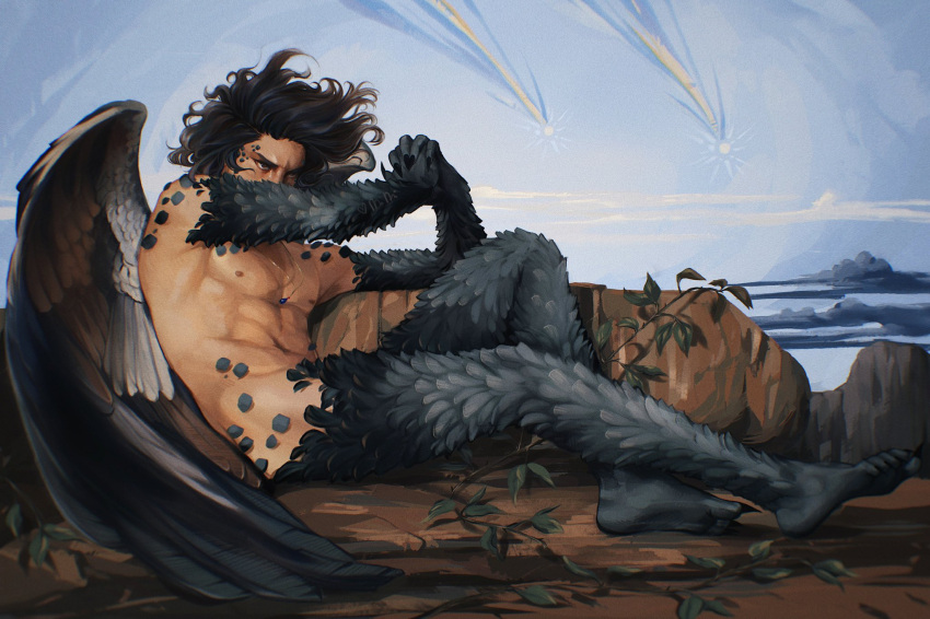 1boy abs arms_up black_hair blue_sky cloud completely_nude covering_mouth fallen_angel_(painting) feathered_wings fine_art_parody floating_hair full_body highres howl_(howl_no_ugoku_shiro) howl_no_ugoku_shiro jewelry leaf long_hair male_focus mimimaru muscular muscular_male navel necklace nipples nude outdoors parody pectorals plant reclining shooting_star sky solo wings