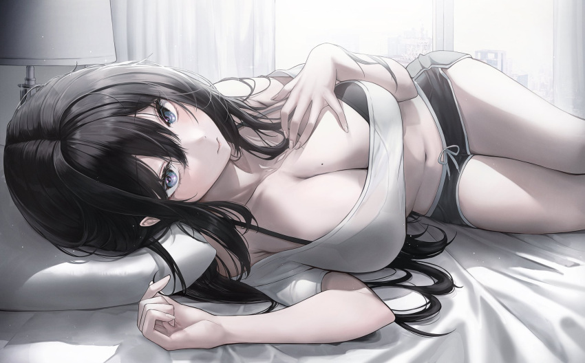 1girl 3: bare_shoulders bed_sheet black_bra black_hair black_shorts blue_eyes bra breasts cleavage closed_mouth crop_top dalla_(888_dalae) dolphin drawstring halterneck hand_on_own_chest highres lampshade large_breasts long_hair looking_at_viewer lying micro_shorts midriff mole mole_on_breast navel off_shoulder on_bed on_side original pillow see-through shirt short_shorts short_sleeves shorts solo spaghetti_strap stomach thighs underwear white_shirt