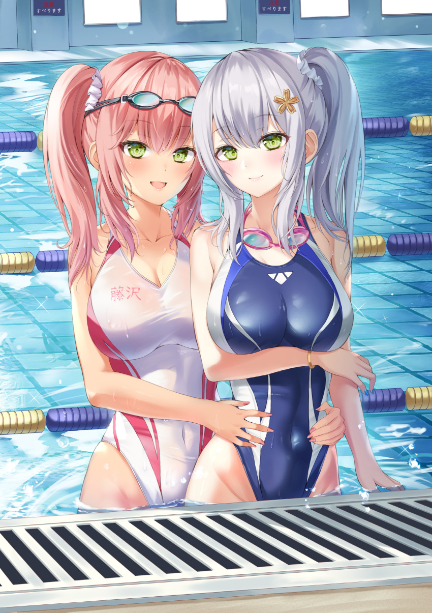 2girls :d absurdres arm_under_breasts bangle bangs bare_arms bare_shoulders blue_one-piece_swimsuit blush bnari bracelet breast_hold breasts cleavage closed_mouth collarbone competition_swimsuit covered_navel day dot_nose drain_(object) eyewear_on_head fang goggles goggles_around_neck goggles_on_head green_eyes grey_hair hair_ornament hair_scrunchie hands_on_another's_waist highleg highleg_swimsuit highres jewelry lane_line large_breasts long_hair looking_at_viewer multicolored_clothes multicolored_swimsuit multiple_girls one-piece_swimsuit open_mouth original pool red_hair scrunchie side_ponytail sidelocks smile sparkle swimsuit taut_clothes taut_swimsuit tiles wading water wet wet_clothes wet_swimsuit white_one-piece_swimsuit