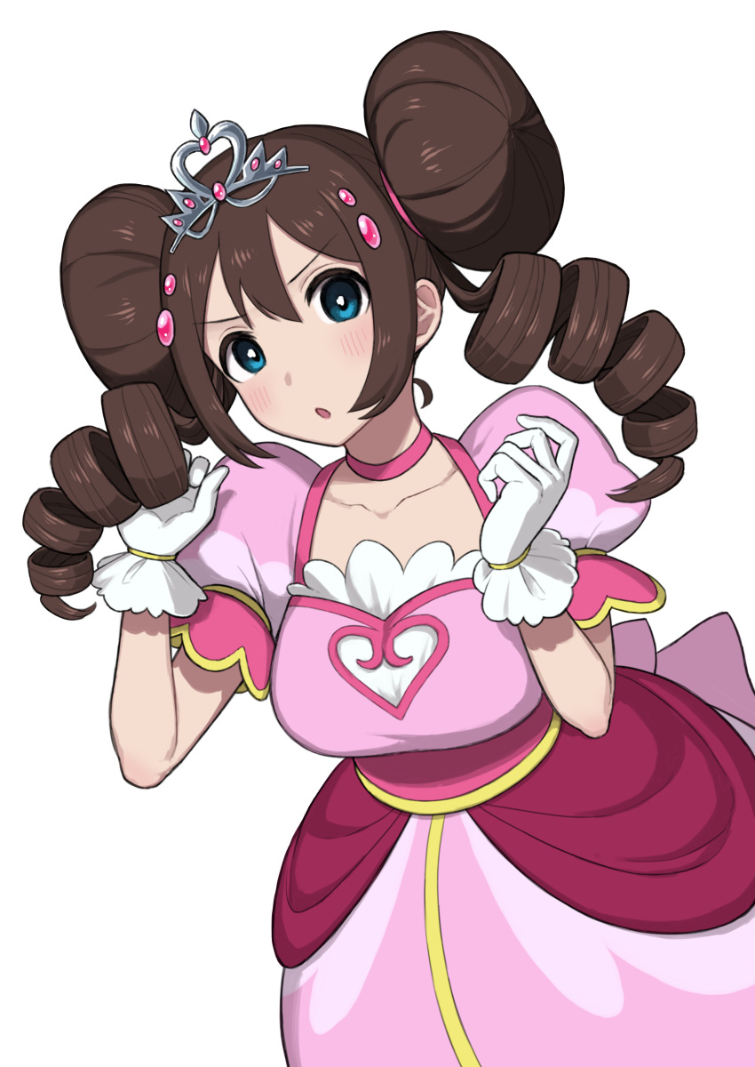 1girl :o absurdres bangs blue_eyes blush breasts choker collarbone commentary double_bun dress drill_hair gloves hair_bun hair_ornament hands_up highres looking_at_viewer nishikino_kee open_mouth pink_choker pink_dress pokemon pokemon_(game) pokemon_bw2 pokestar_studios rosa_(pokemon) simple_background solo tiara twin_drills twintails white_background white_gloves