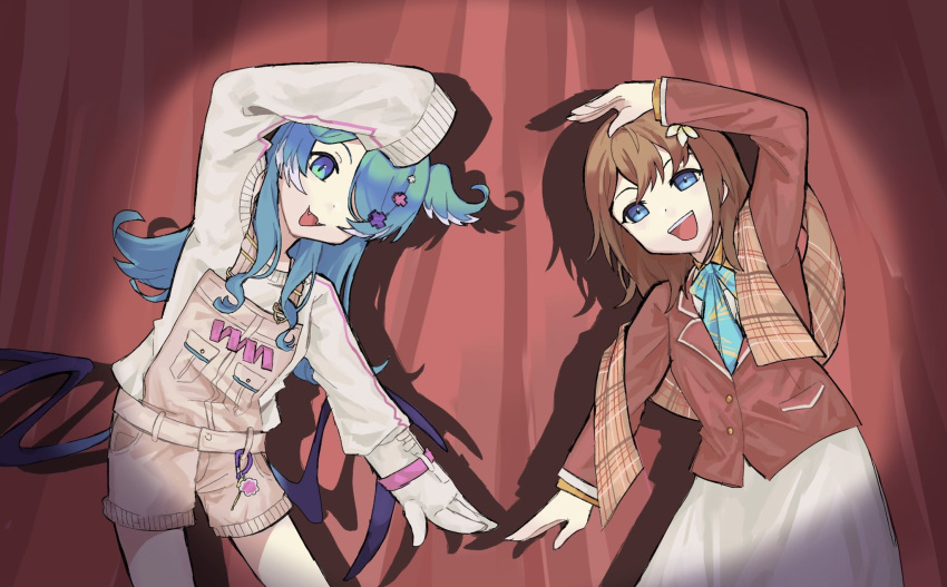 2girls aloee_ve bangs blazer blue_eyes blue_hair blue_necktie brown_hair brown_jacket elira_pendora fangs gloves grey_gloves grey_skirt hair_over_one_eye hana_macchia head_wings heart_arms_duo highres jacket leaning_to_the_side long_hair low_wings medium_hair multiple_girls necktie nijisanji nijisanji_en nijisanji_id one_eye_covered open_mouth overall_shorts overalls shirt single_glove skirt sleeves_past_fingers sleeves_past_wrists smile sweater virtual_youtuber white_shirt white_sweater wings