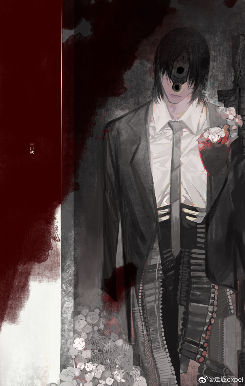 1boy absurdres assault_rifle black_hair black_jacket blood blood_on_clothes blood_splatter bullet chainsaw_man coat floating flower formal grey_background gun gun_devil_(chainsaw_man) hair_over_eyes handgun hayakawa_aki highres jacket looking_at_viewer m4_carbine medium_hair monochrome neck necktie no_eyes no_hands ribs rifle shirt simple_background solo suit weapon weibo_1367079664 white_shirt