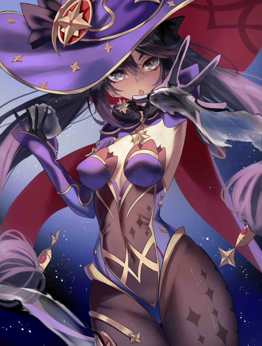 1girl :o absurdres black_pantyhose bodystocking breasts breasts_apart covered_navel covered_nipples cowboy_shot genshin_impact gloves gradient gradient_background grey_eyes hat highres leotard long_hair looking_at_viewer m0_chi magic medium_breasts mona_(genshin_impact) open_mouth pantyhose purple_hair reaching_out solo thigh_gap tsurime twintails very_long_hair witch_hat