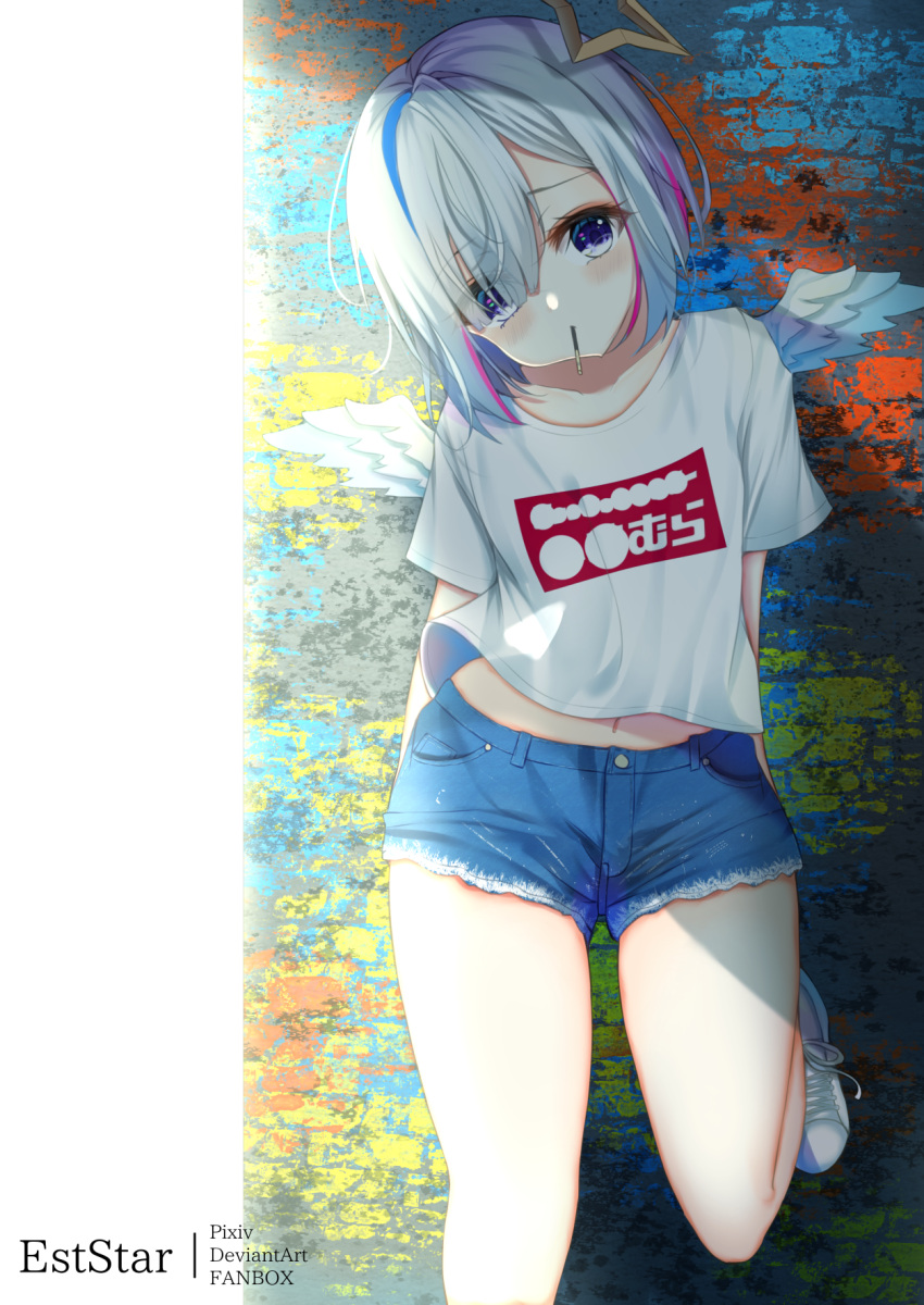 1girl amane_kanata aties20 bangs blue_hair blue_shorts blush clothes_writing commentary_request denim denim_shorts feathered_wings feet_out_of_frame food food_in_mouth hair_over_one_eye head_tilt highres hololive midriff_peek mini_wings mouth_hold multicolored_hair navel pocky purple_hair shirt shoes short_shorts short_sleeves shorts single_hair_intake solo streaked_hair virtual_youtuber white_footwear white_shirt white_wings wings