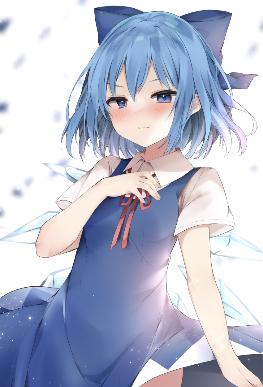 1girl absurdres bangs blue_bow blue_dress blue_eyes blue_hair blurry blurry_background blush bow bowtie breasts cirno closed_mouth collared_shirt commentary_request dress fingernails hair_between_eyes hand_on_own_chest hand_up highres ice ice_wings karasusou_nano long_fingernails looking_at_viewer puffy_short_sleeves puffy_sleeves red_bow red_bowtie shirt short_hair short_sleeves small_breasts smile solo standing touhou v-shaped_eyebrows white_background white_shirt wing_collar wings