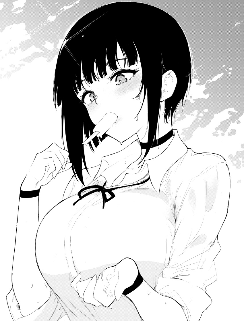 1girl absurdres arm_up bangs blush breasts choker collarbone comic_bavel fingernails food greyscale highres huge_breasts kyokucho long_sleeves miyabi-senpai monochrome neck_ribbon popsicle popsicle_in_mouth ribbon short_hair sidelocks solo sweat wet wristband