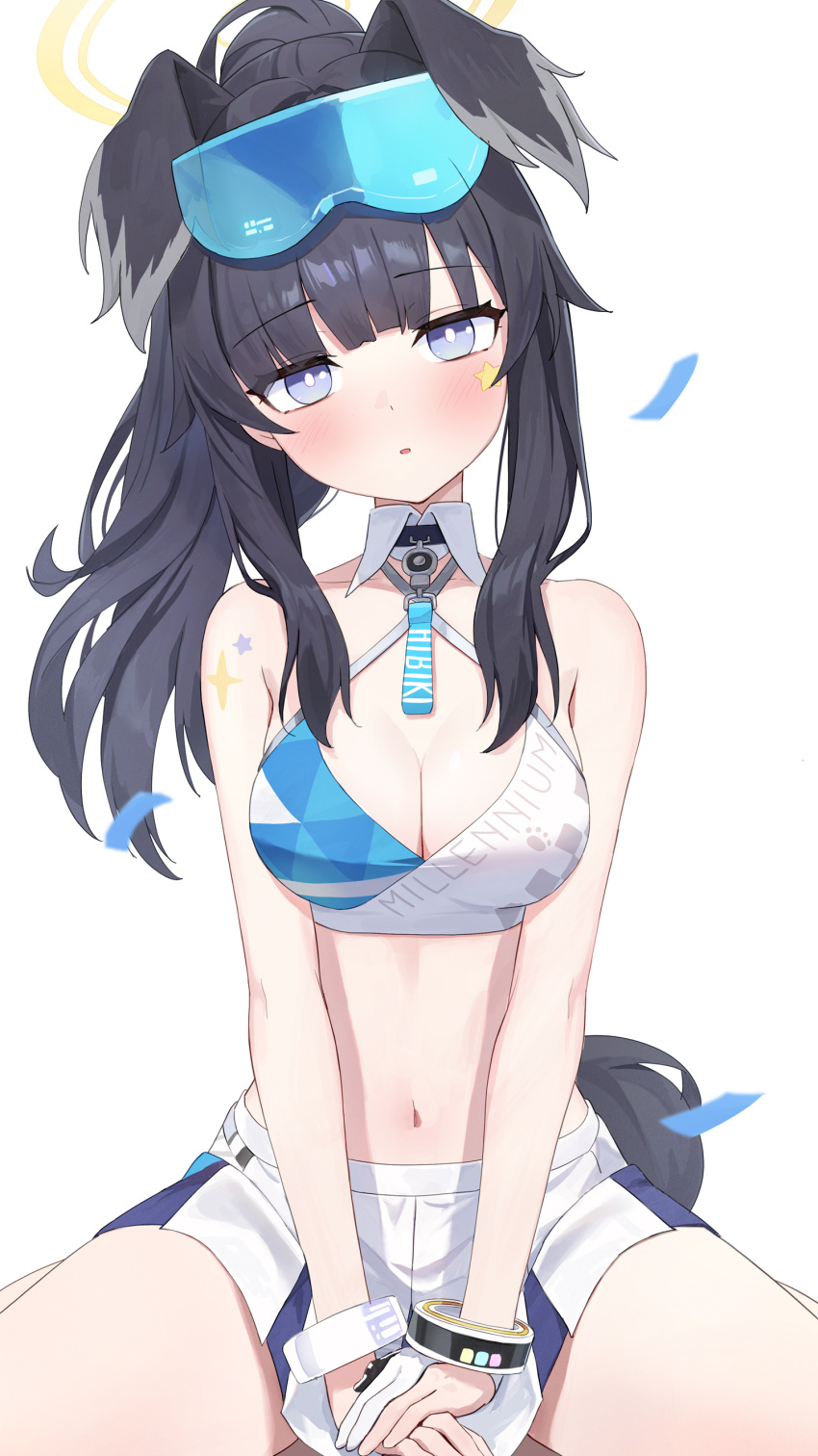 1girl absurdres animal_ears bare_arms bare_shoulders between_legs black_hair blue_archive blue_eyes breasts bright_pupils cheerleader cleavage collarbone criss-cross_halter crop_top detached_collar dog_ears dog_girl dog_tail goggles goggles_on_head halo halterneck head_tilt hibiki_(blue_archive) hibiki_(cheerleader)_(blue_archive) highres long_hair looking_at_viewer medium_breasts midriff miniskirt minn_(kangjm1107) navel official_alternate_costume parted_lips pleated_skirt ponytail shirt shoulder_tattoo sitting skirt sleeveless sleeveless_shirt solo spaghetti_strap stomach tail tattoo thighs white_shirt white_skirt wing_collar wristband