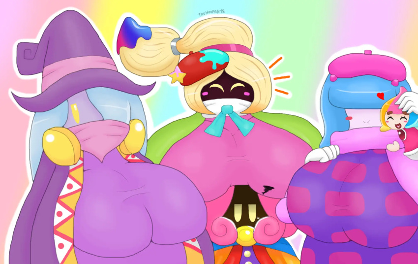 &lt;3 big_breasts blonde_hair blue_hair breasts claycia clothed clothing drawcia elline female group hair hat headgear headwear hi_res huge_breasts humanoid kirby:_canvas_curse kirby_(series) kirby_and_the_rainbow_curse kirby_star_allies kirby_triple_deluxe nintendo paint paintra pink_hair scarf smile star touhoufan video_games vividria yellow_eyes